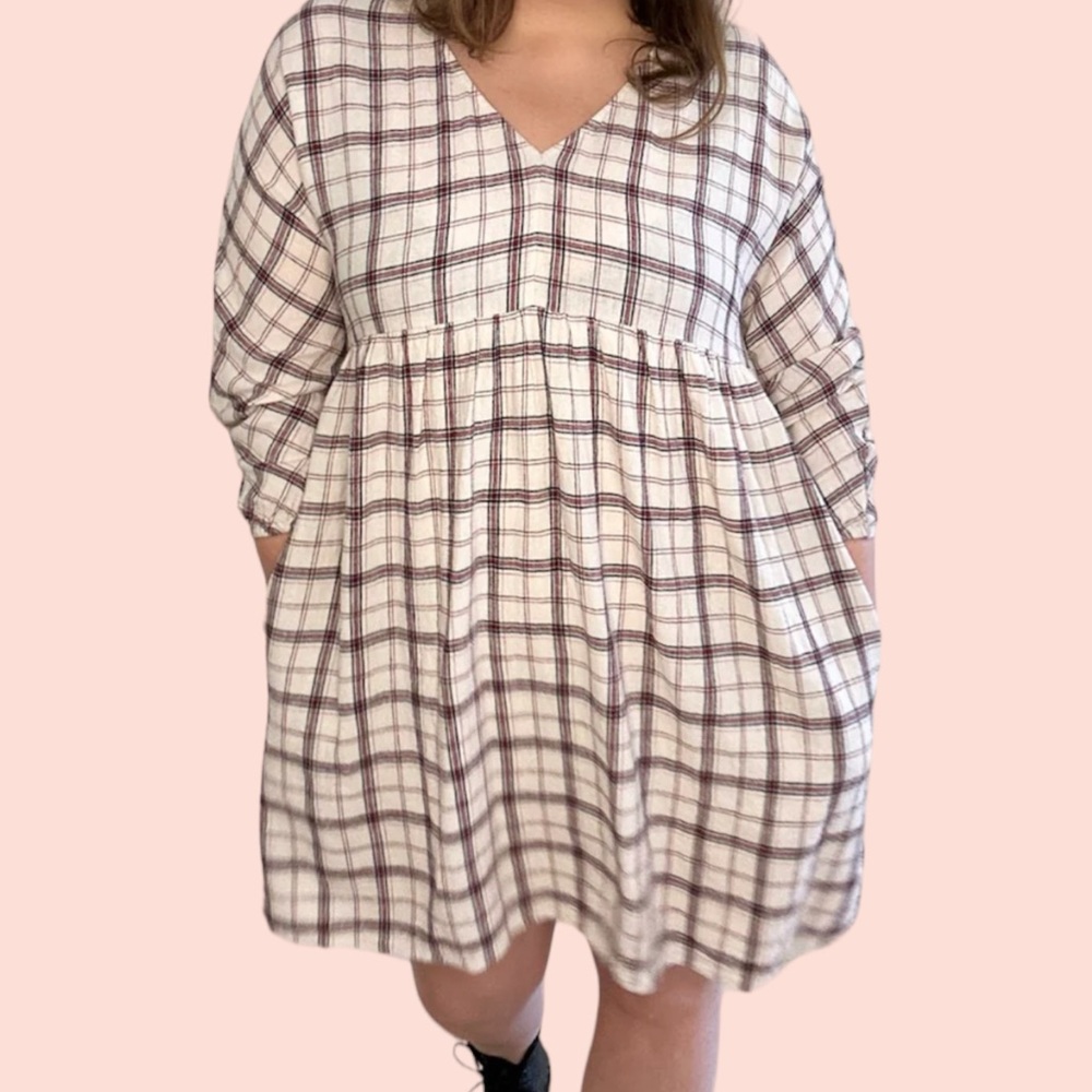 Sportsgirl Linen Blend Cream with Red/Black Plaid Babydoll Dress 6